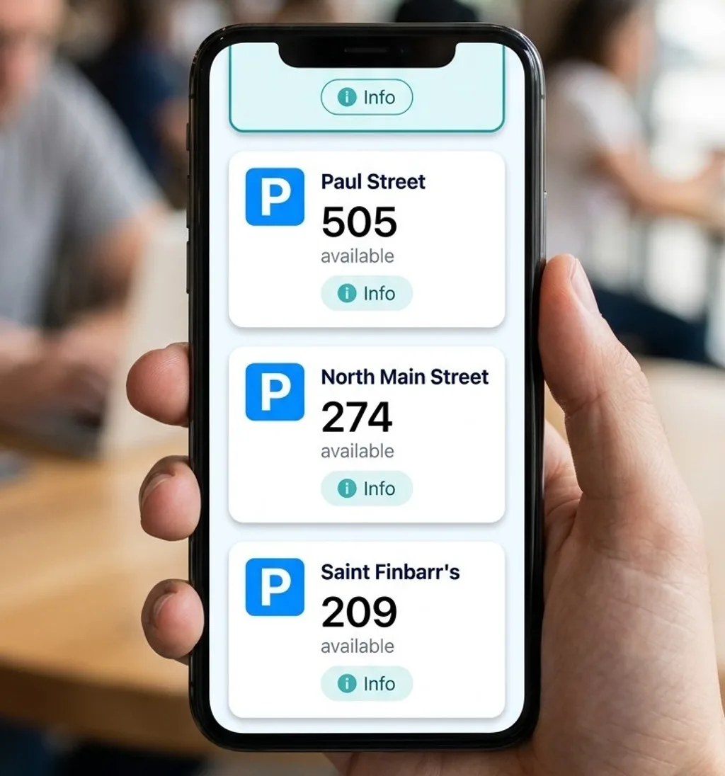 Cork City Parking Monitor app showing live car park availability